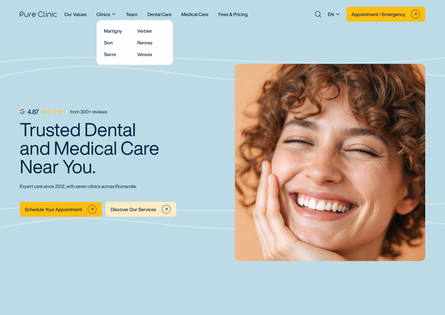 Pure Clinic — Healthcare · Multi-Location Dental & Medical Clinics, built in Webflow