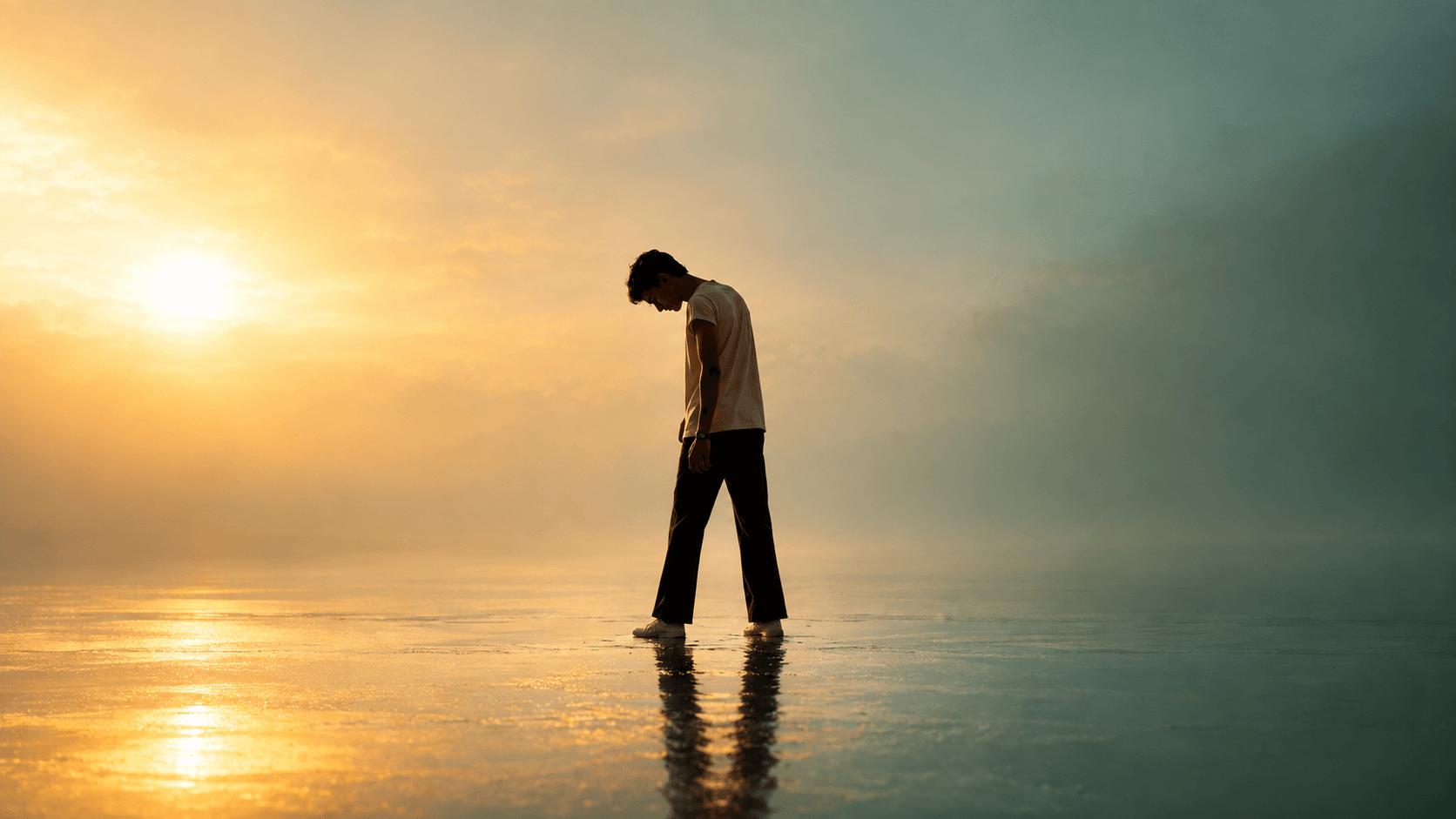 A lone figure walking in silhouette against a golden sunrise haze