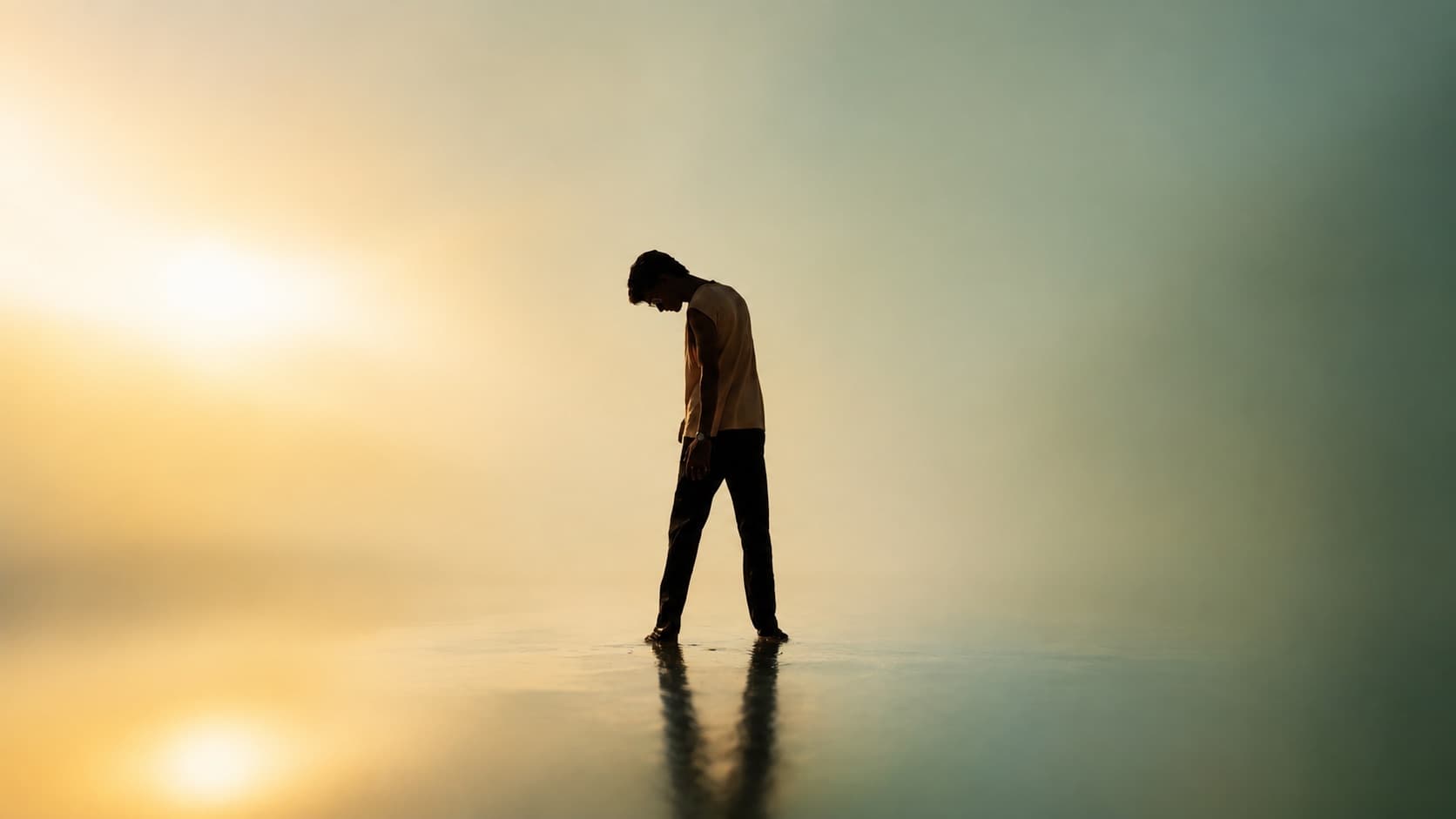 A lone figure walking in silhouette against a golden sunrise haze